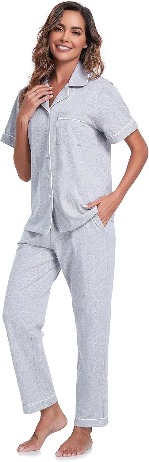 COLORFULLEAF Women's 100% Cotton Pajama Set Button Down Sleepwear Short Sleeve Shirt and Long Pants Soft ladies Lounge Sets