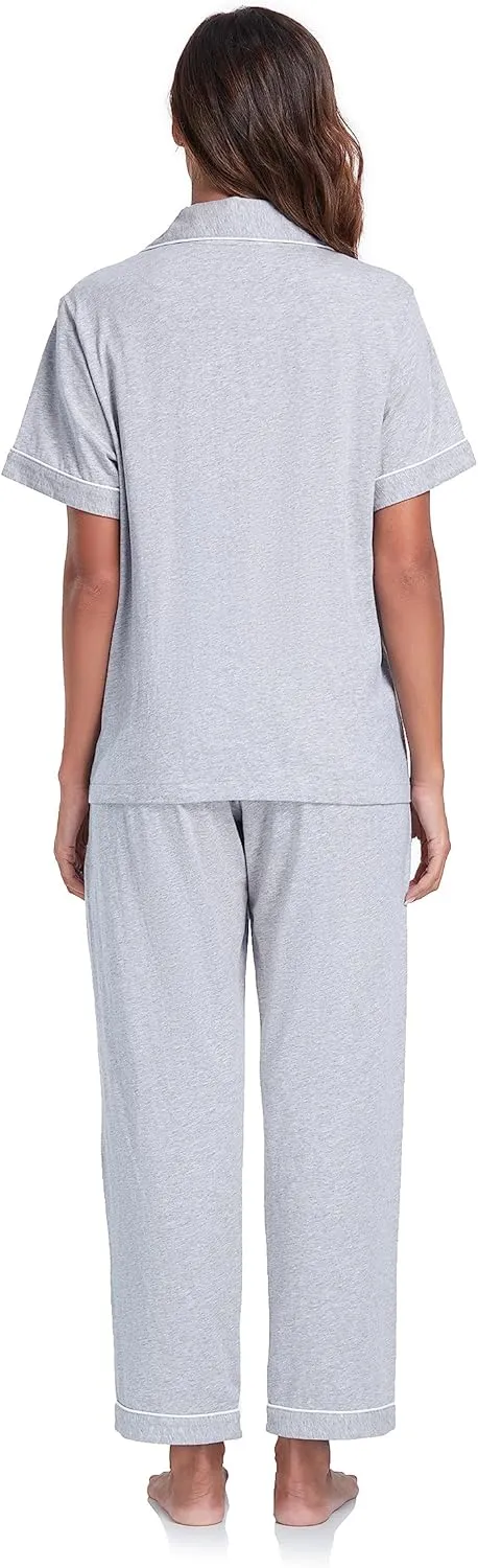 COLORFULLEAF Women's 100% Cotton Pajama Set Button Down Sleepwear Short Sleeve Shirt and Long Pants Soft ladies Lounge Sets