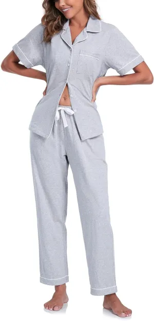 COLORFULLEAF Women's 100% Cotton Pajama Set Button Down Sleepwear Short Sleeve Shirt and Long Pants Soft ladies Lounge Sets