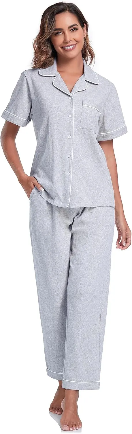 COLORFULLEAF Women's 100% Cotton Pajama Set Button Down Sleepwear Short Sleeve Shirt and Long Pants Soft ladies Lounge Sets