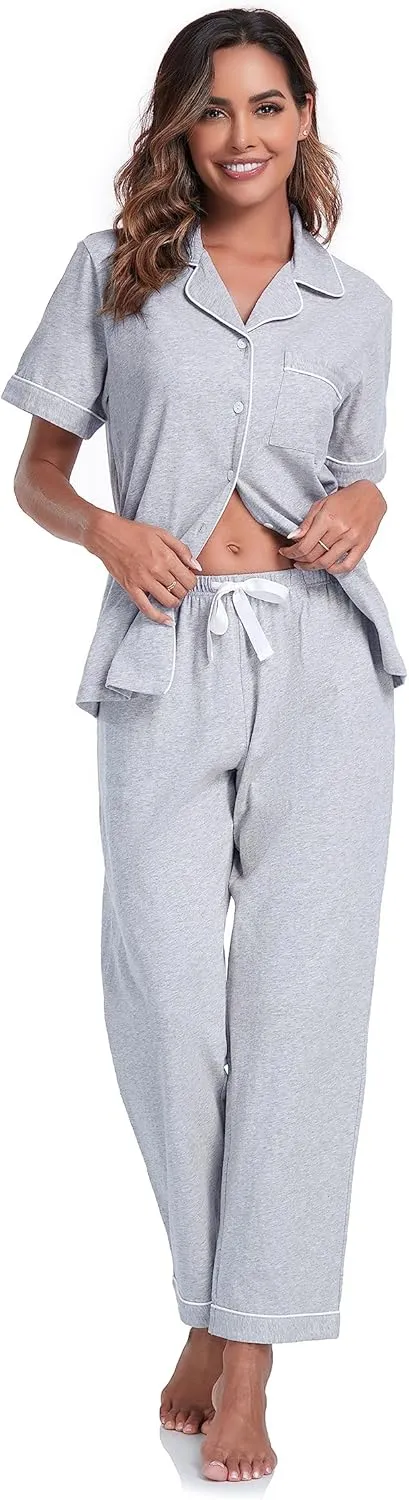 COLORFULLEAF Women's 100% Cotton Pajama Set Button Down Sleepwear Short Sleeve Shirt and Long Pants Soft ladies Lounge Sets