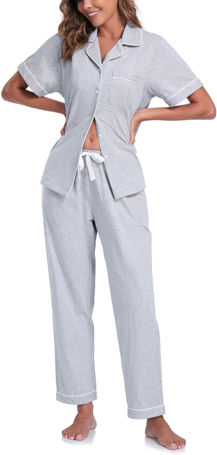 COLORFULLEAF Women's 100% Cotton Pajama Set Button Down Sleepwear Short Sleeve Shirt and Long Pants Soft ladies Lounge Sets