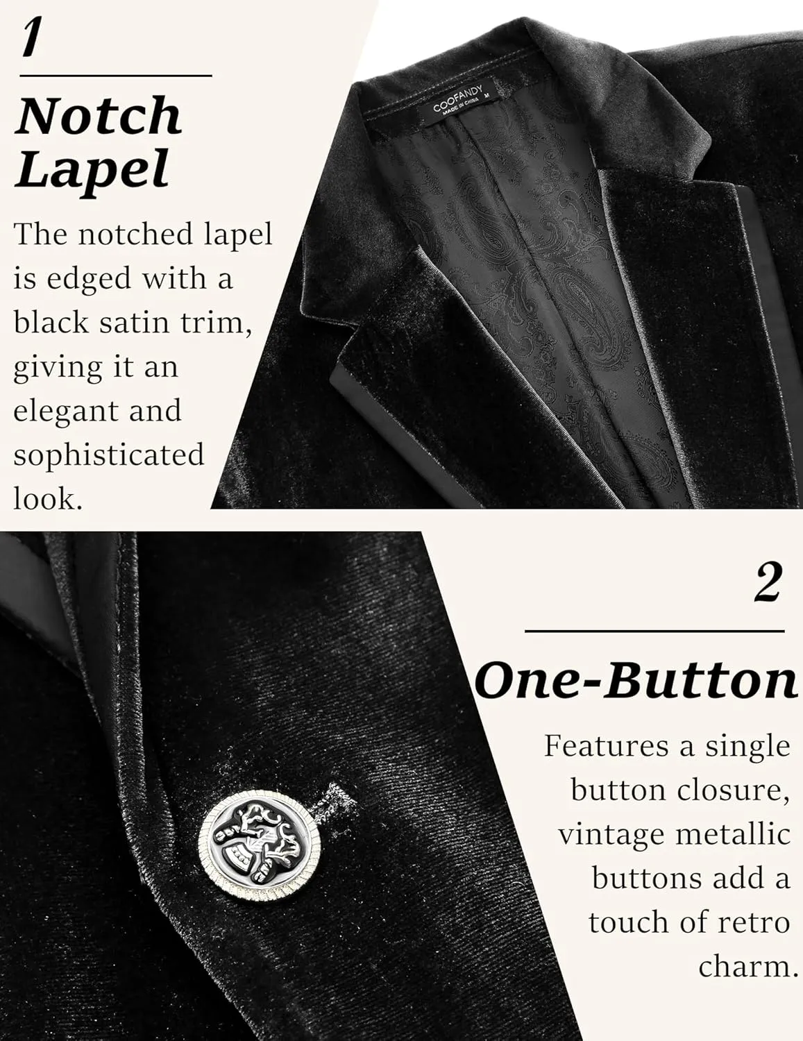 COOFANDY Men's Velvet Blazer Notched Lapel One Button Velour Tuxedo Jacket for Prom Wedding Party Dinner