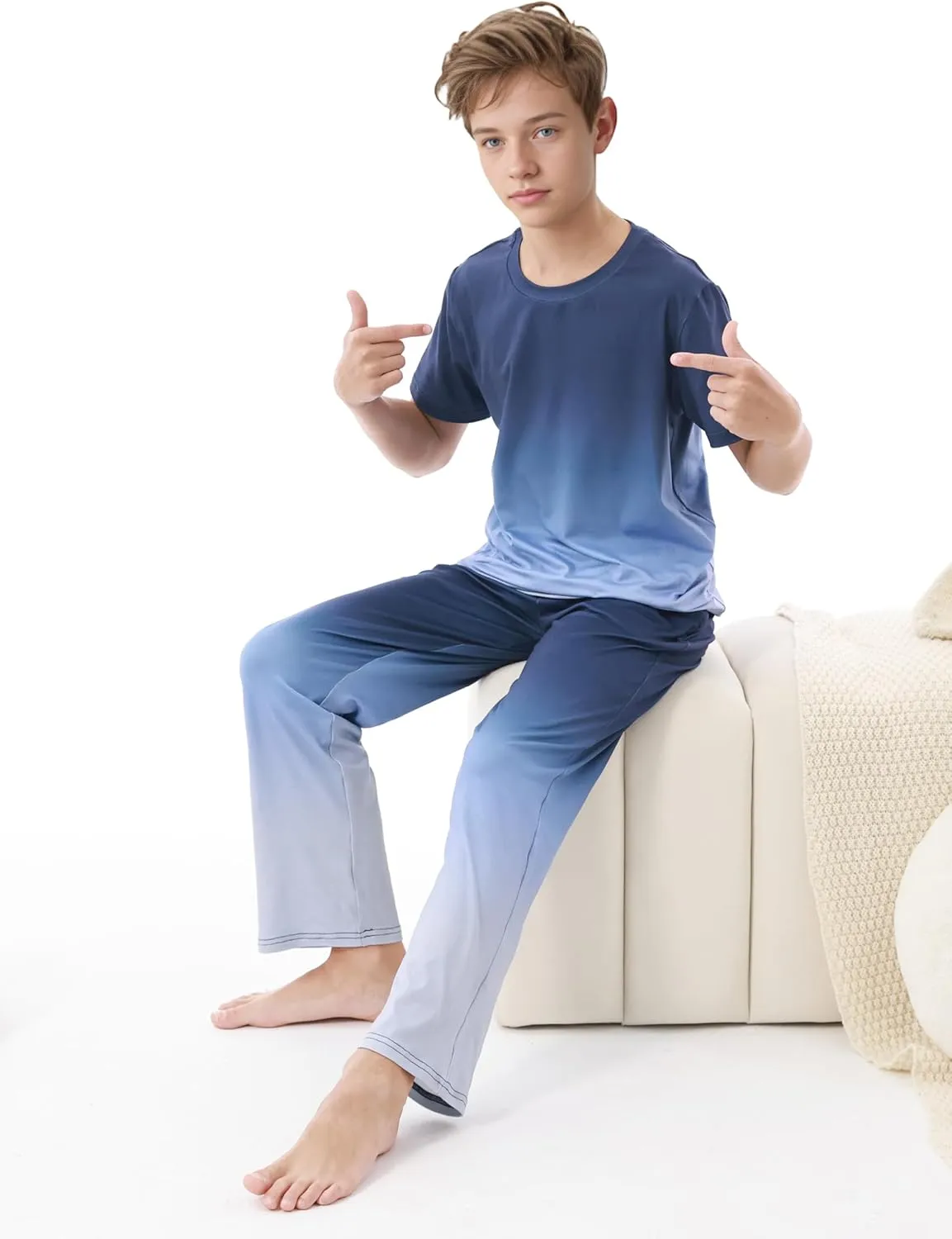 Cooraby 3 Pieces Teen Boys Pajs Short Sleeves Top, Shorts & Pants Soft Loose Fit Outfits with Drawstring Pockets for Summer