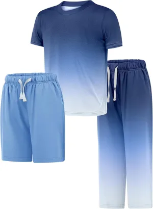 Cooraby 3 Pieces Teen Boys Pajs Short Sleeves Top, Shorts & Pants Soft Loose Fit Outfits with Drawstring Pockets for Summer