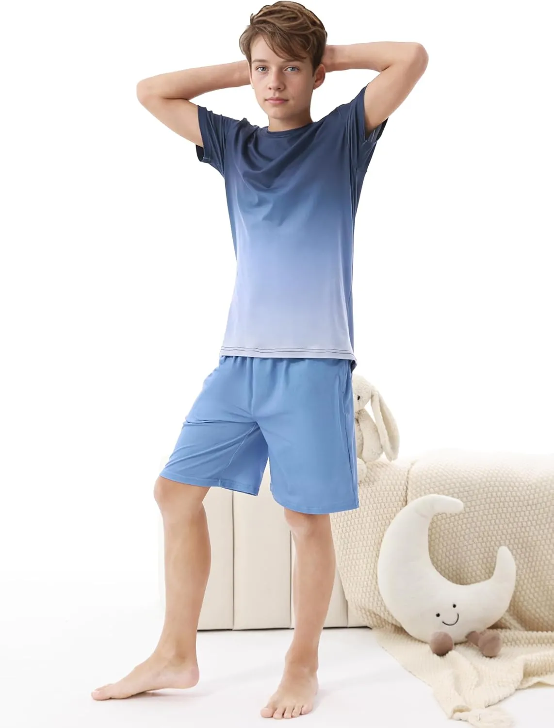 Cooraby 3 Pieces Teen Boys Pajs Short Sleeves Top, Shorts & Pants Soft Loose Fit Outfits with Drawstring Pockets for Summer