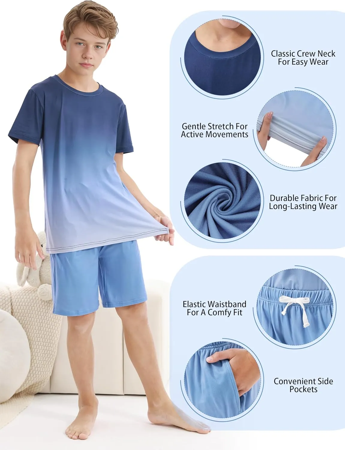 Cooraby 3 Pieces Teen Boys Pajs Short Sleeves Top, Shorts & Pants Soft Loose Fit Outfits with Drawstring Pockets for Summer