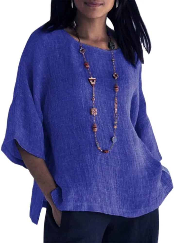 Cotton Linen Half Sleeve Shirt Top Crew Neck Comfy T Shirts Casual Loose Fit Basic Tee Shits Comfy Soft Summer Blouse