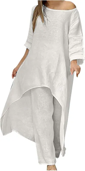 Cotton Linen Long Sets Women 2 Piece Outfits Long Sleeve High Low Tunic Tops Oversized and Wide Leg Pants Loungewear