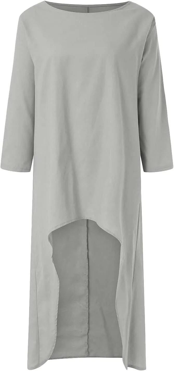 Cotton Linen Long Sets Women 2 Piece Outfits Long Sleeve High Low Tunic Tops Oversized and Wide Leg Pants Loungewear