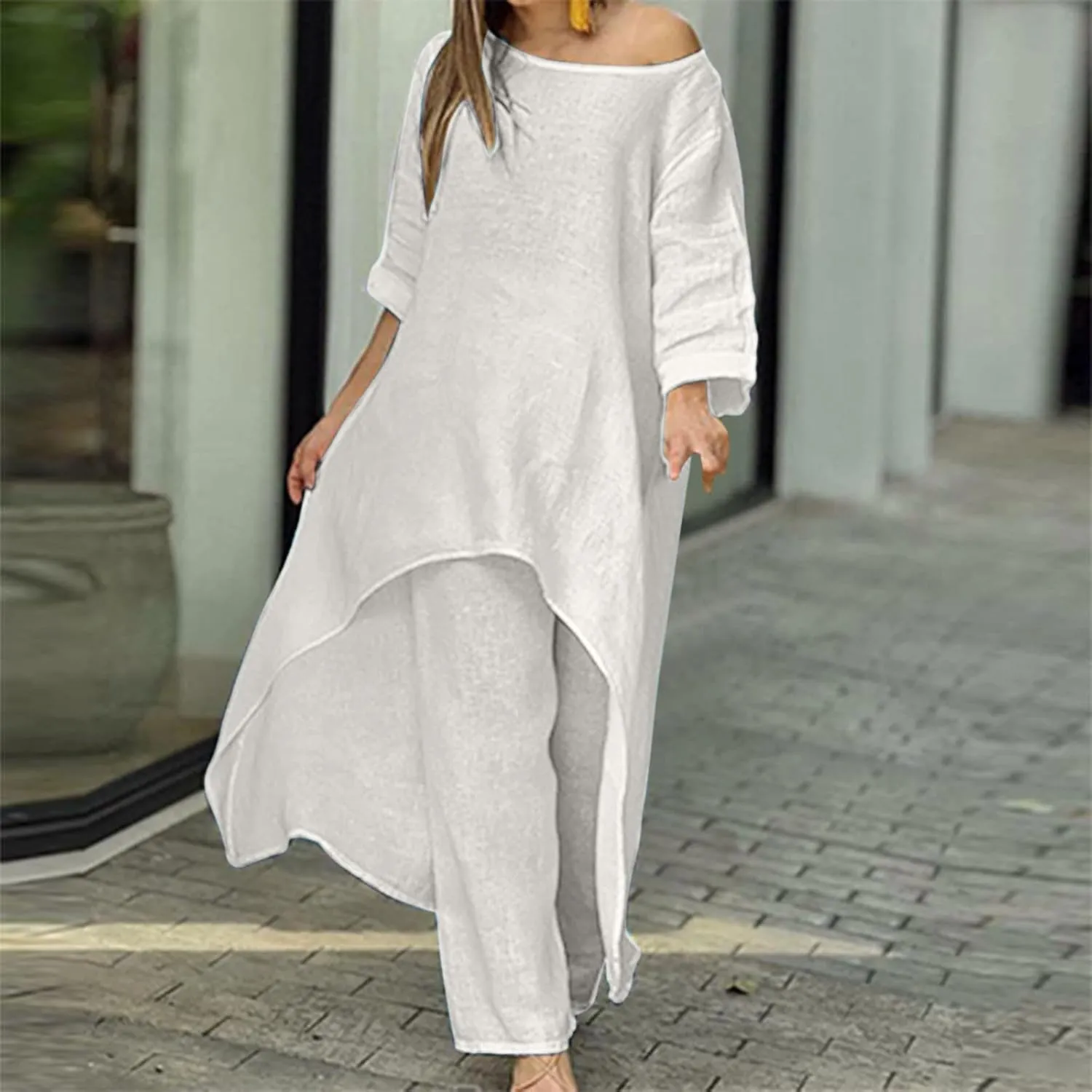 Cotton Linen Long Sets Women 2 Piece Outfits Long Sleeve High Low Tunic Tops Oversized and Wide Leg Pants Loungewear
