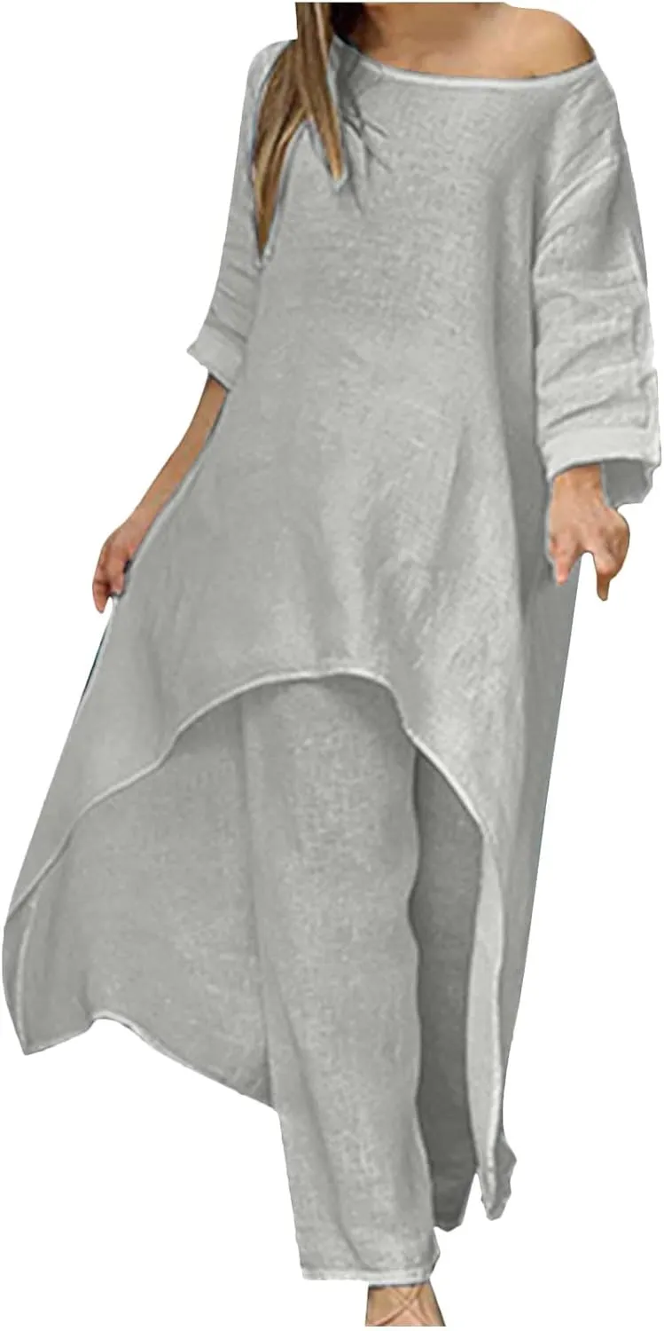 Cotton Linen Long Sets Women 2 Piece Outfits Long Sleeve High Low Tunic Tops Oversized and Wide Leg Pants Loungewear