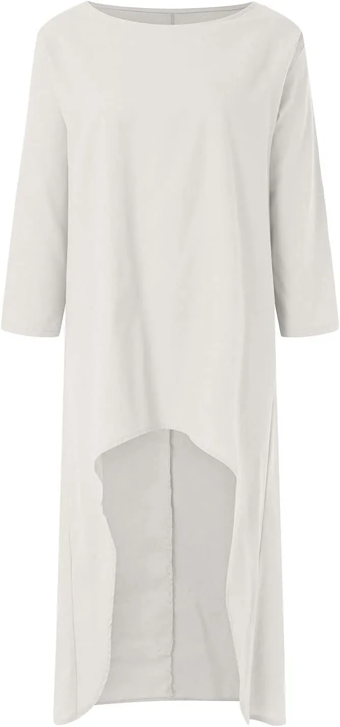 Cotton Linen Long Sets Women 2 Piece Outfits Long Sleeve High Low Tunic Tops Oversized and Wide Leg Pants Loungewear
