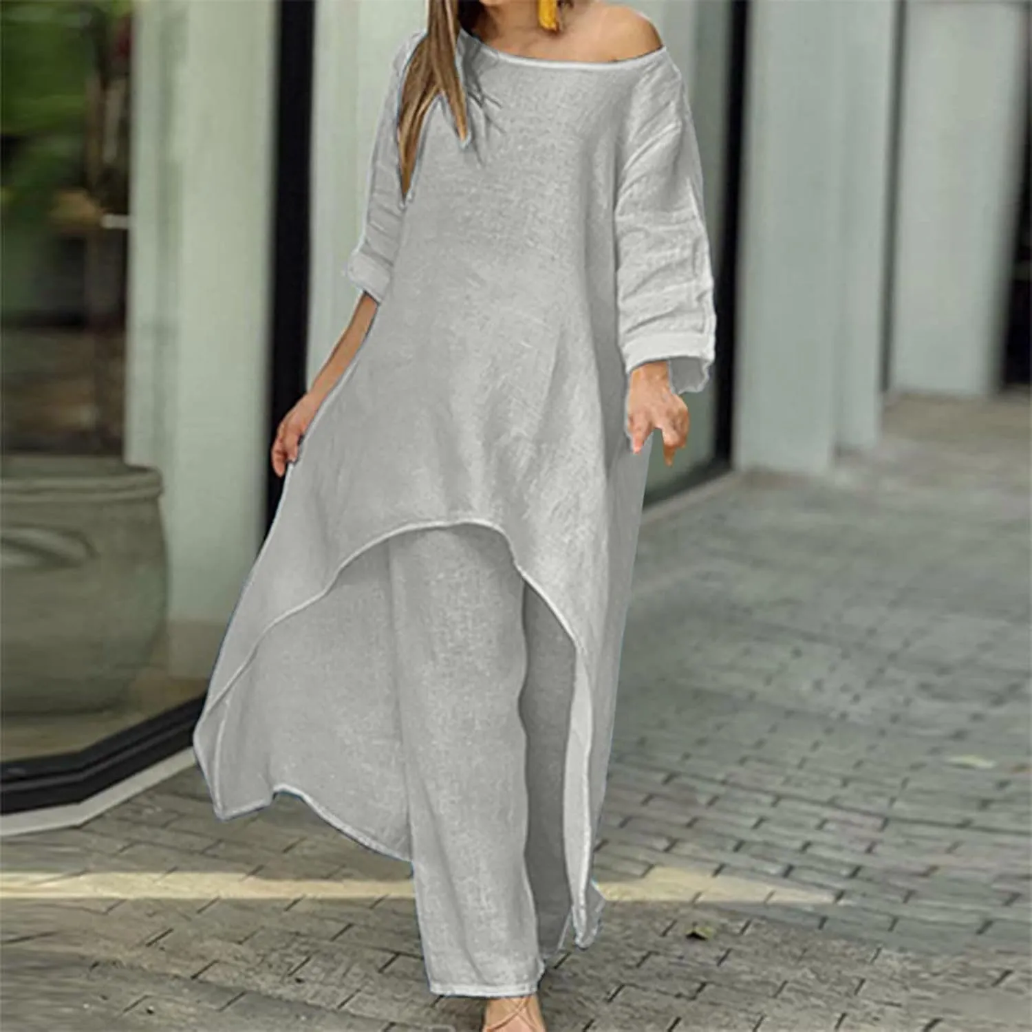 Cotton Linen Long Sets Women 2 Piece Outfits Long Sleeve High Low Tunic Tops Oversized and Wide Leg Pants Loungewear