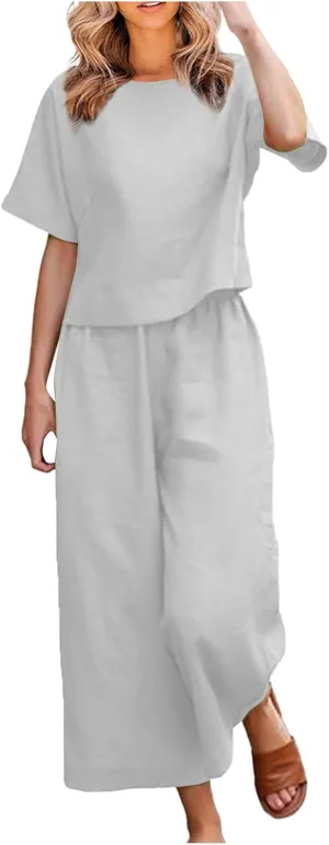 Cotton Linen Sets for Women 2 Piece Lounge Set Summer Outfits Short Sleeve Crop Top Wide Leg Capri Pants with Pockets