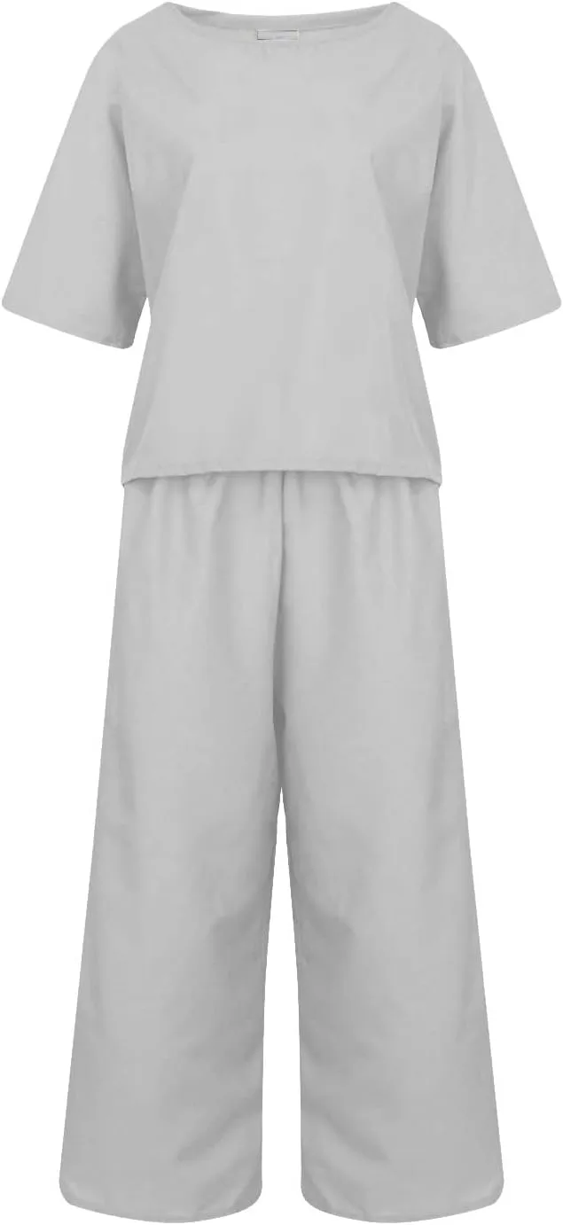 Cotton Linen Sets for Women 2 Piece Lounge Set Summer Outfits Short Sleeve Crop Top Wide Leg Capri Pants with Pockets