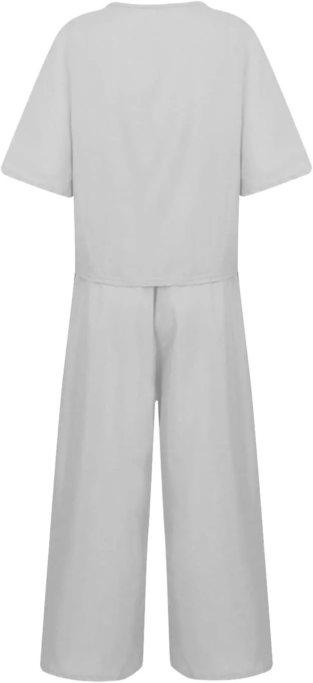 Cotton Linen Sets for Women 2 Piece Lounge Set Summer Outfits Short Sleeve Crop Top Wide Leg Capri Pants with Pockets