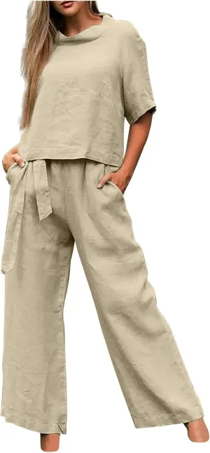Cotton Linen Two Piece Set For Women Summer Vacation Outfits Sets Short Sleeve Tops Wide Leg Pants Matching Lounge Set
