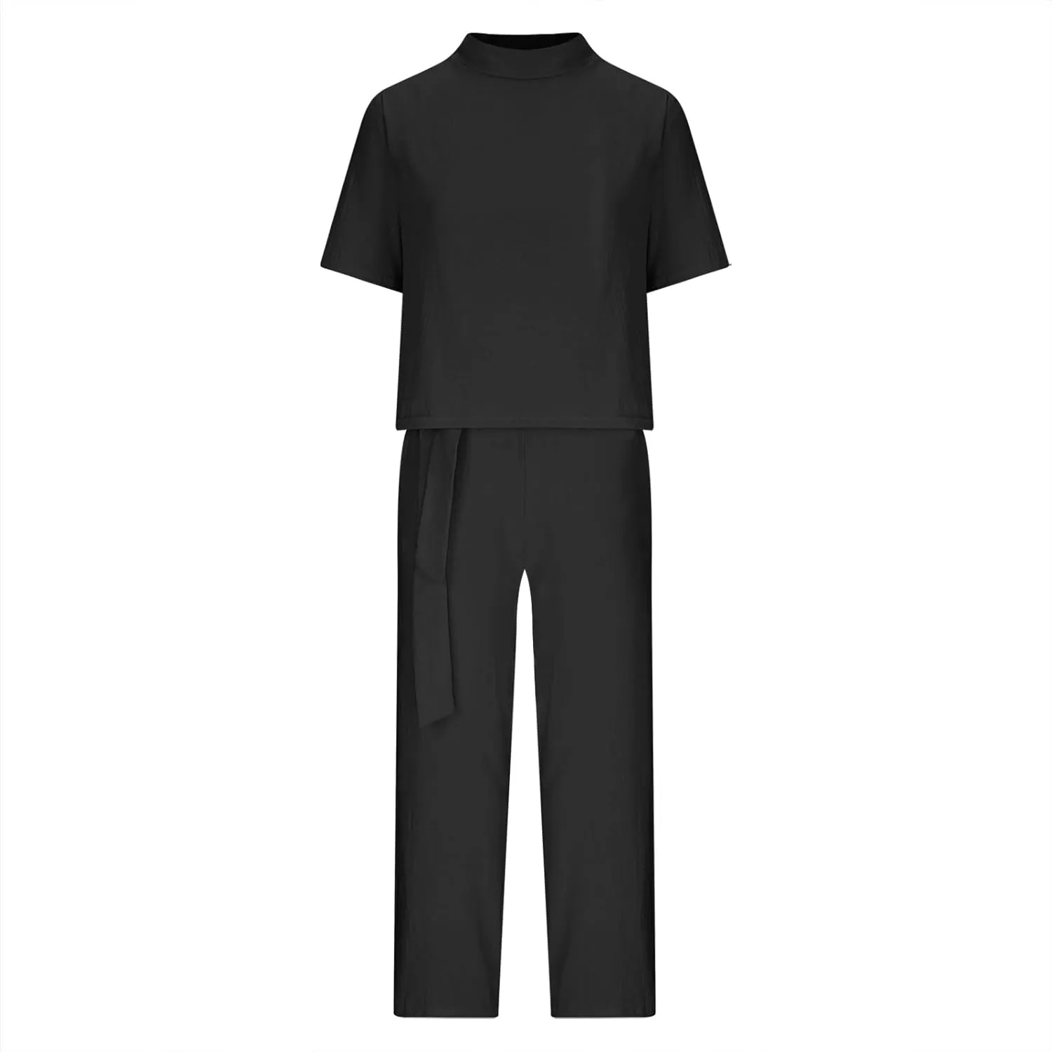 Cotton Linen Two Piece Set For Women Summer Vacation Outfits Sets Short Sleeve Tops Wide Leg Pants Matching Lounge Set