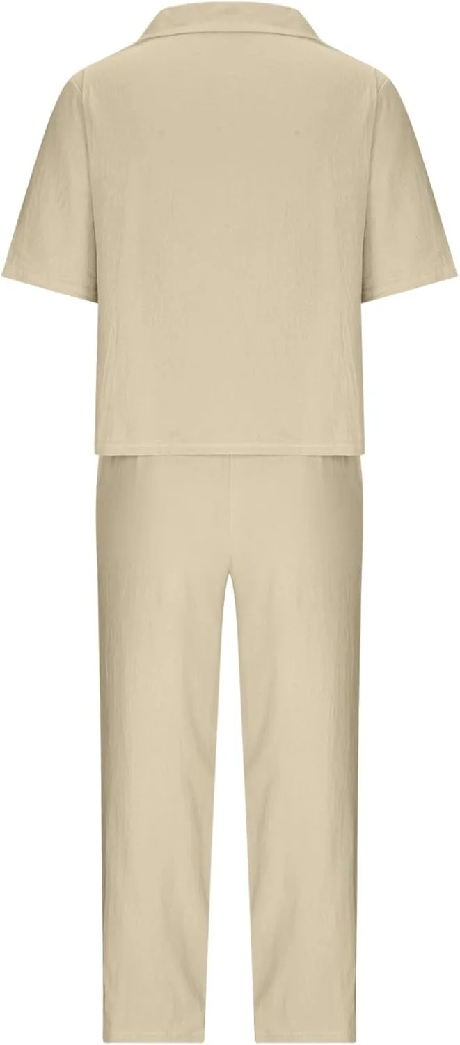 Cotton Linen Two Piece Set For Women Summer Vacation Outfits Sets Short Sleeve Tops Wide Leg Pants Matching Lounge Set