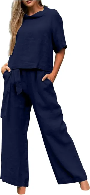Cotton Linen Two Piece Set For Women Summer Vacation Outfits Sets Short Sleeve Tops Wide Leg Pants Matching Lounge Set
