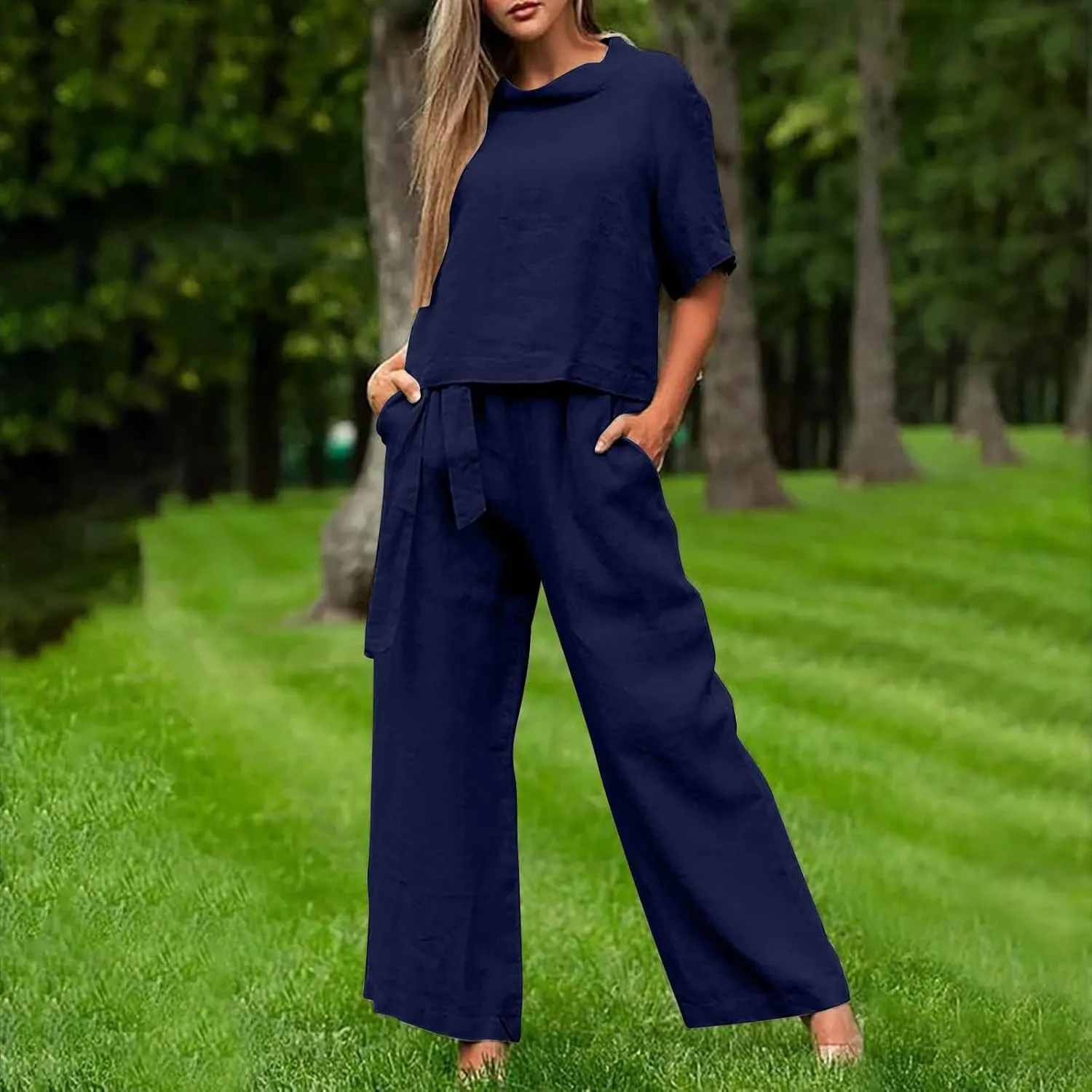 Cotton Linen Two Piece Set For Women Summer Vacation Outfits Sets Short Sleeve Tops Wide Leg Pants Matching Lounge Set