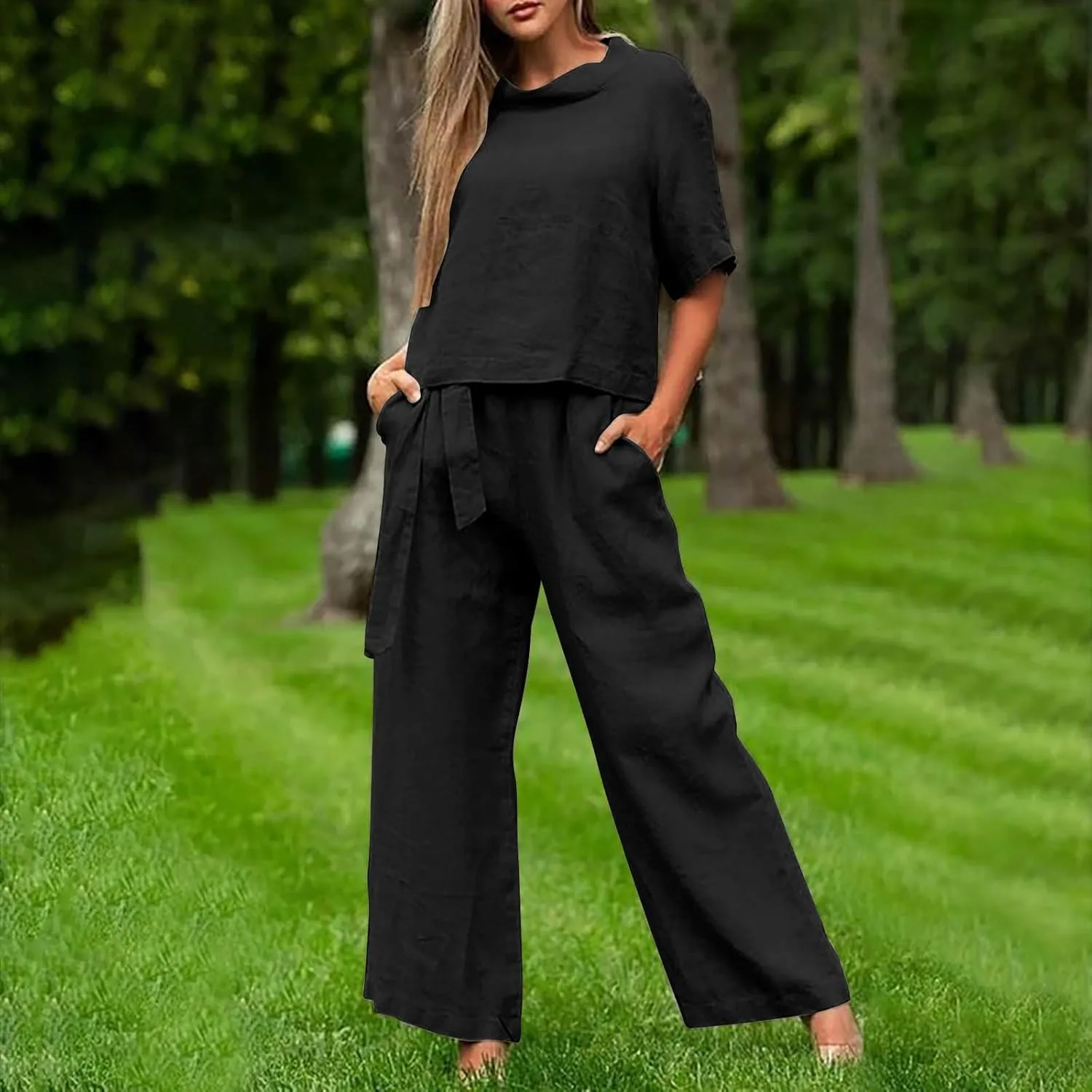 Cotton Linen Two Piece Set For Women Summer Vacation Outfits Sets Short Sleeve Tops Wide Leg Pants Matching Lounge Set