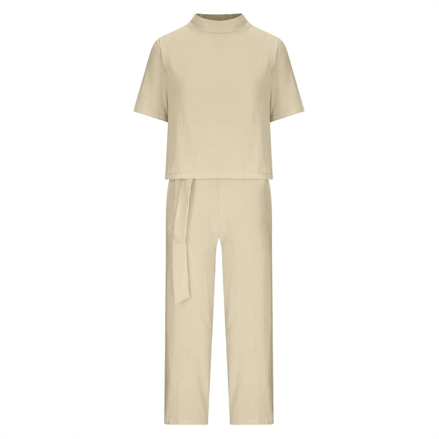 Cotton Linen Two Piece Set For Women Summer Vacation Outfits Sets Short Sleeve Tops Wide Leg Pants Matching Lounge Set