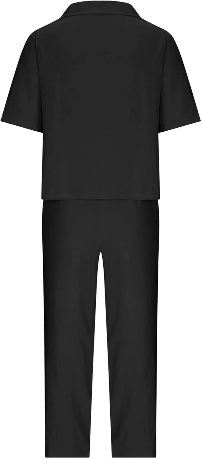 Cotton Linen Two Piece Set For Women Summer Vacation Outfits Sets Short Sleeve Tops Wide Leg Pants Matching Lounge Set