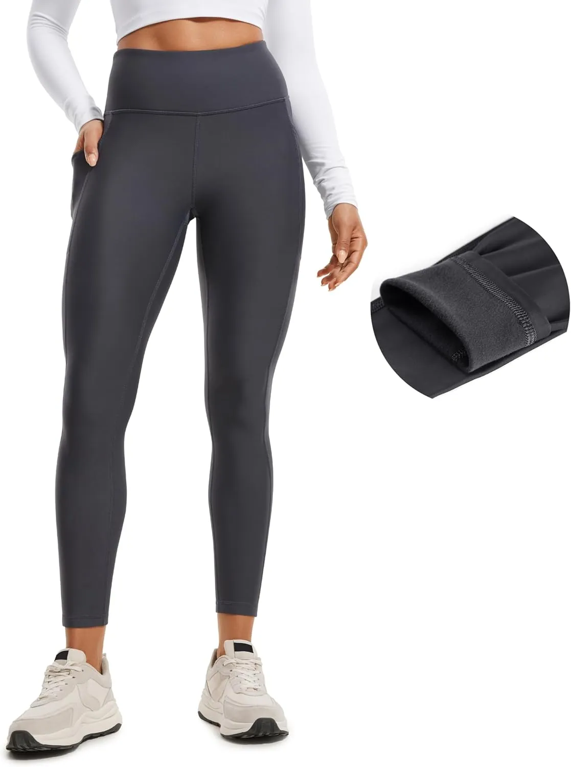 CRZ YOGA Thermal Fleece Lined Leggings Women 25'' - High Waisted Winter Workout Hiking Pants with Pockets Warm Running Tights