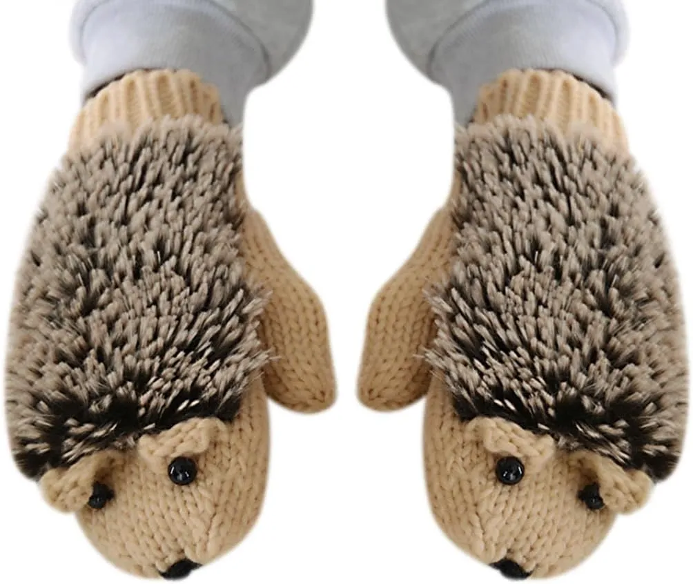 Cute Cartoon Cat and Hedgehog Gloves for Women teen Girl Knitted Soft Plush Warm Winter Fingerless Thick Mittens