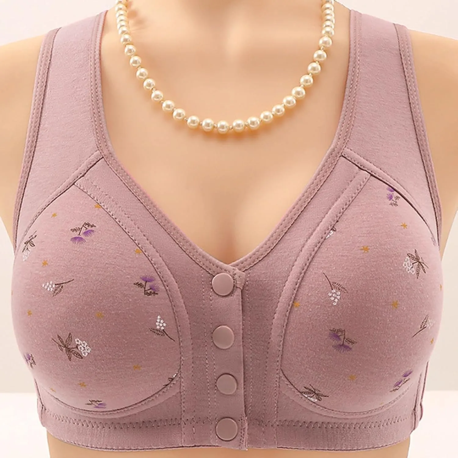 Daisy Bras for Older Women Lightweight Floral Plus Size Front Button Bra Comfort No Underwire Wireless Tank Bra