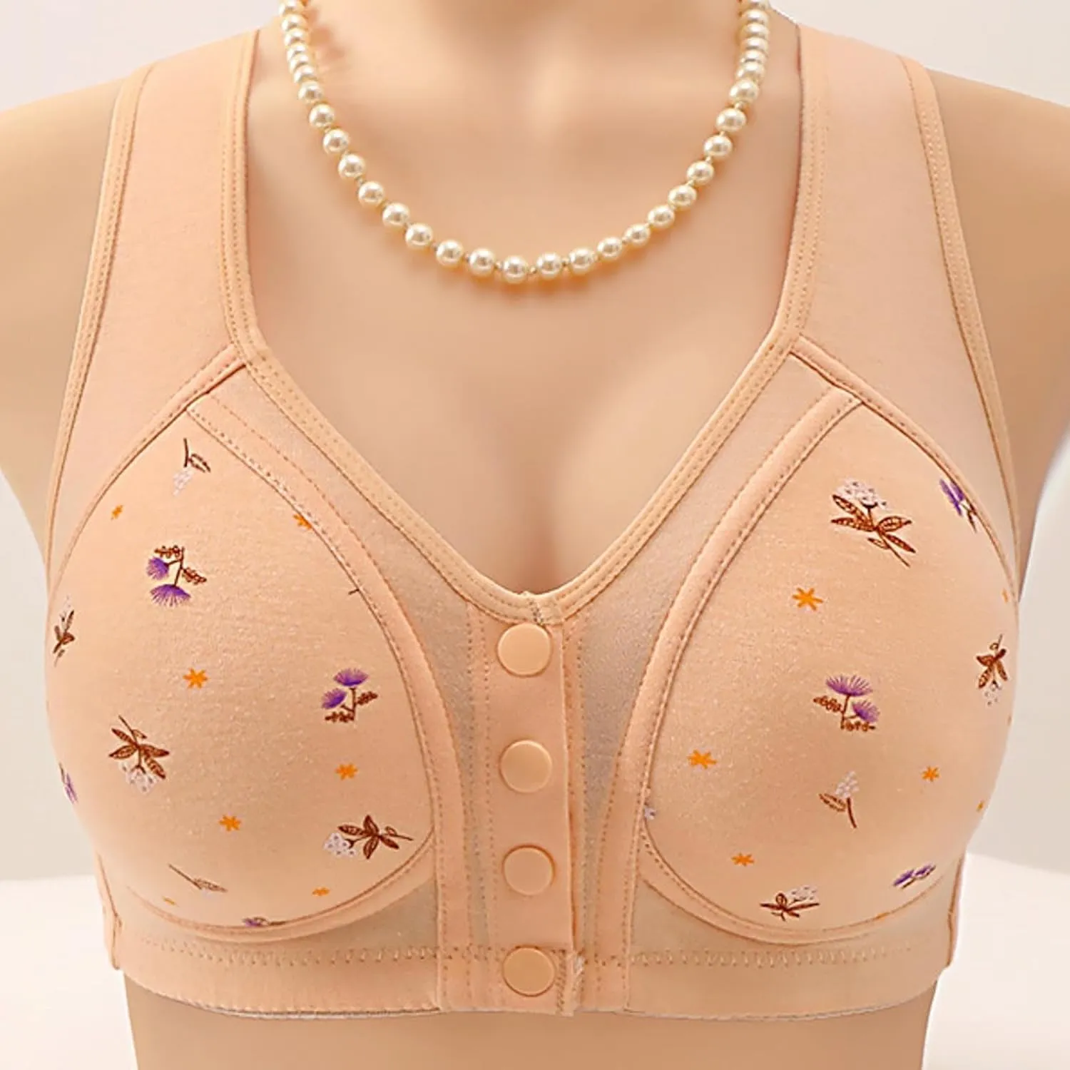 Daisy Bras for Older Women Lightweight Floral Plus Size Front Button Bra Comfort No Underwire Wireless Tank Bra