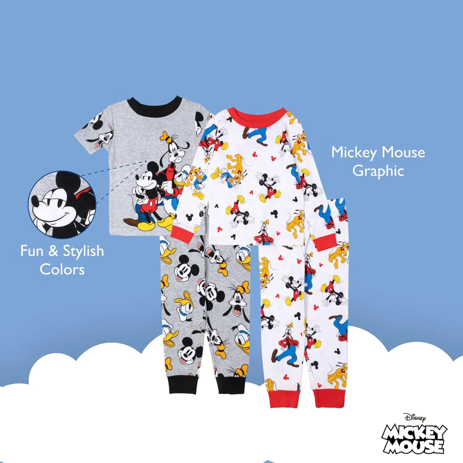 Disney Boys' 4-Piece Snug-fit Cotton Pajama Set, Soft & Cute for Kids