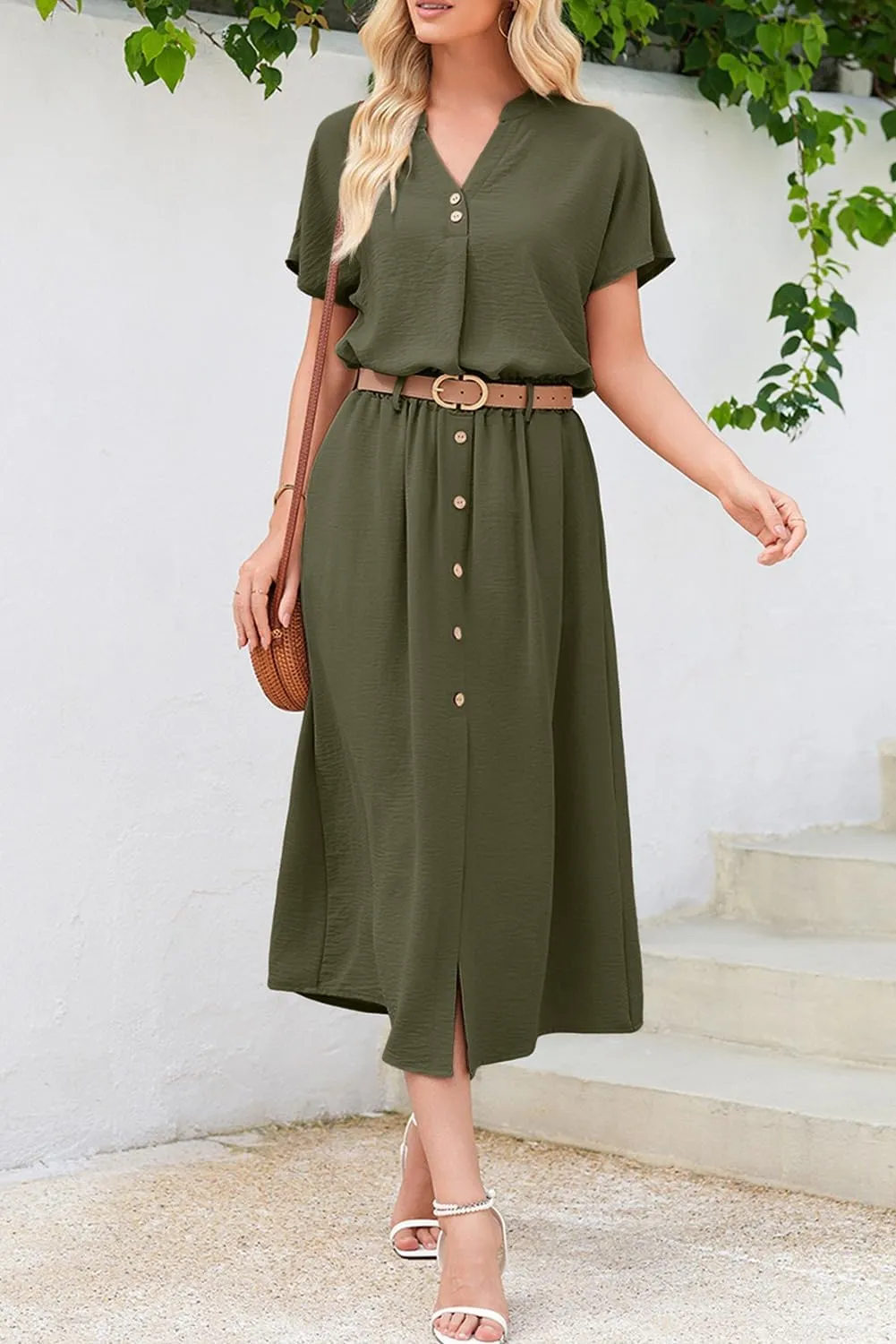 Dokotoo Women's 2 Piece Outfits V Neck Front Split Button Matching Sets for Women Elastic Waist Skirt Sets Women 2025