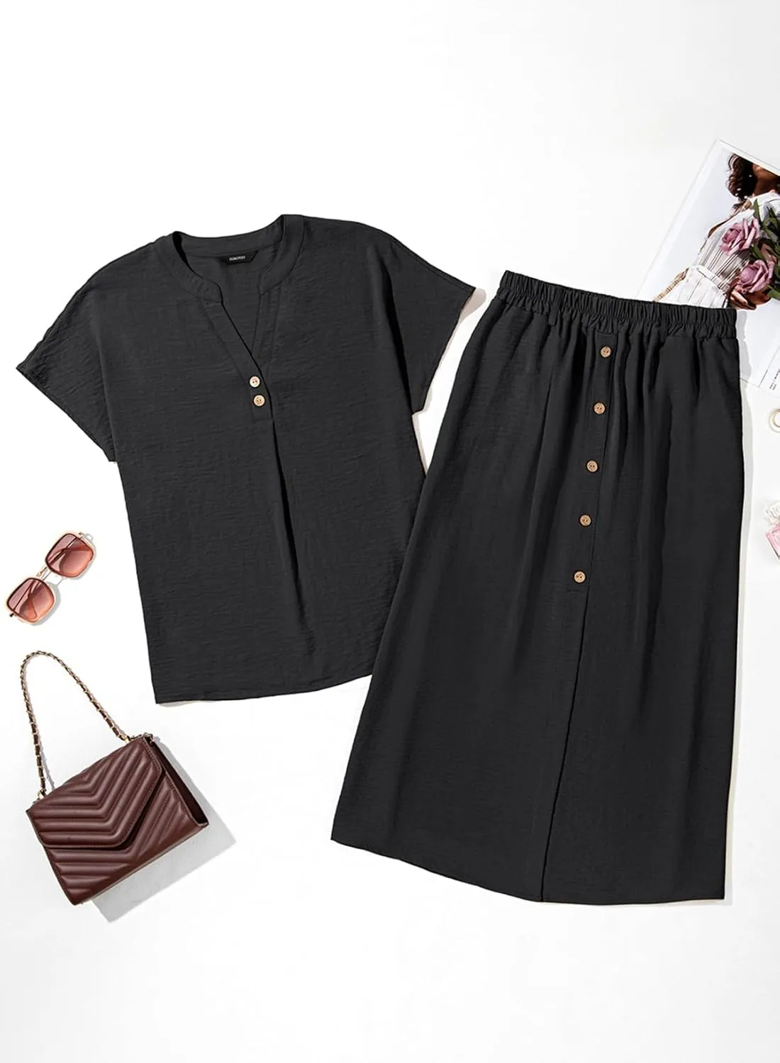 Dokotoo Women's 2 Piece Outfits V Neck Front Split Button Matching Sets for Women Elastic Waist Skirt Sets Women 2025