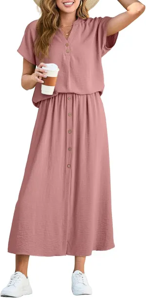 Dokotoo Women's 2 Piece Outfits V Neck Front Split Button Matching Sets for Women Elastic Waist Skirt Sets Women 2025