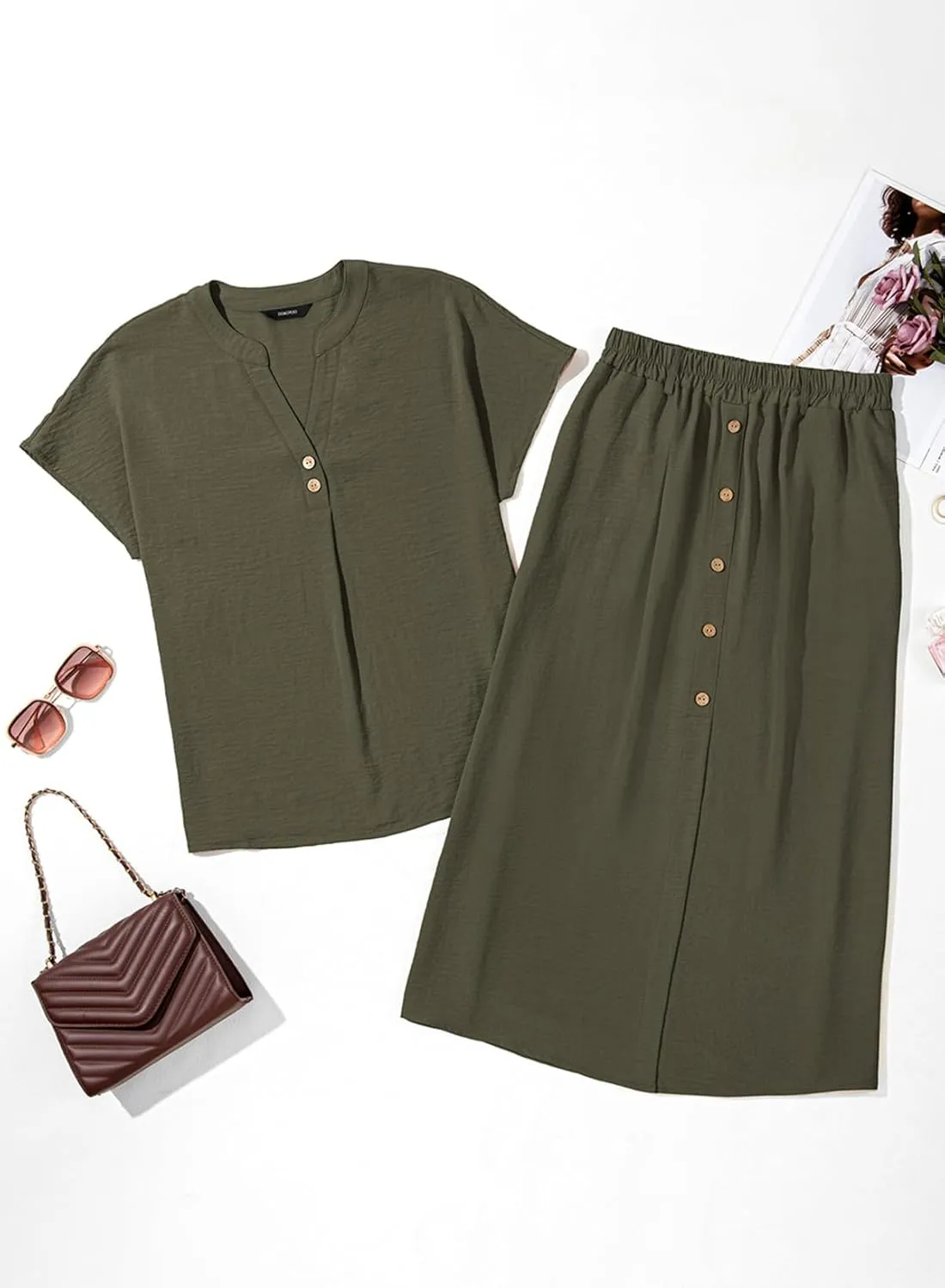 Dokotoo Women's 2 Piece Outfits V Neck Front Split Button Matching Sets for Women Elastic Waist Skirt Sets Women 2025