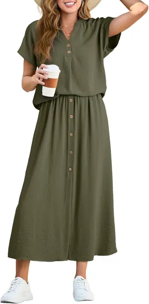 Dokotoo Women's 2 Piece Outfits V Neck Front Split Button Matching Sets for Women Elastic Waist Skirt Sets Women 2025