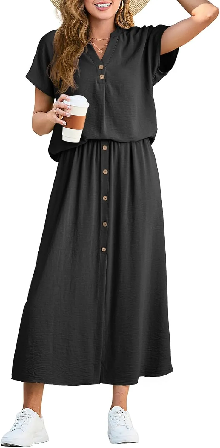 Dokotoo Women's 2 Piece Outfits V Neck Front Split Button Matching Sets for Women Elastic Waist Skirt Sets Women 2025