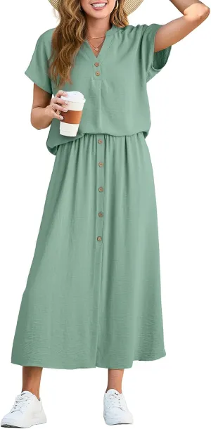 Dokotoo Women's 2 Piece Outfits V Neck Front Split Button Matching Sets for Women Elastic Waist Skirt Sets Women 2025