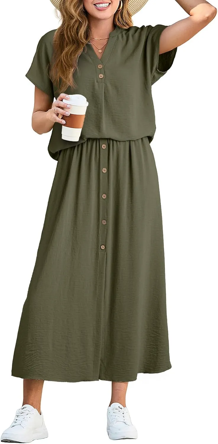 Dokotoo Women's 2 Piece Outfits V Neck Front Split Button Matching Sets for Women Elastic Waist Skirt Sets Women 2025