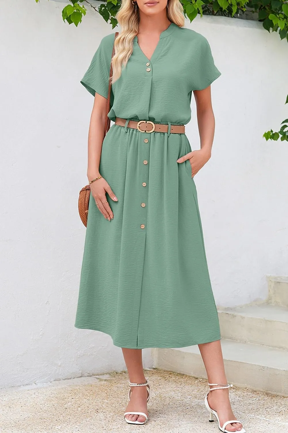 Dokotoo Women's 2 Piece Outfits V Neck Front Split Button Matching Sets for Women Elastic Waist Skirt Sets Women 2025