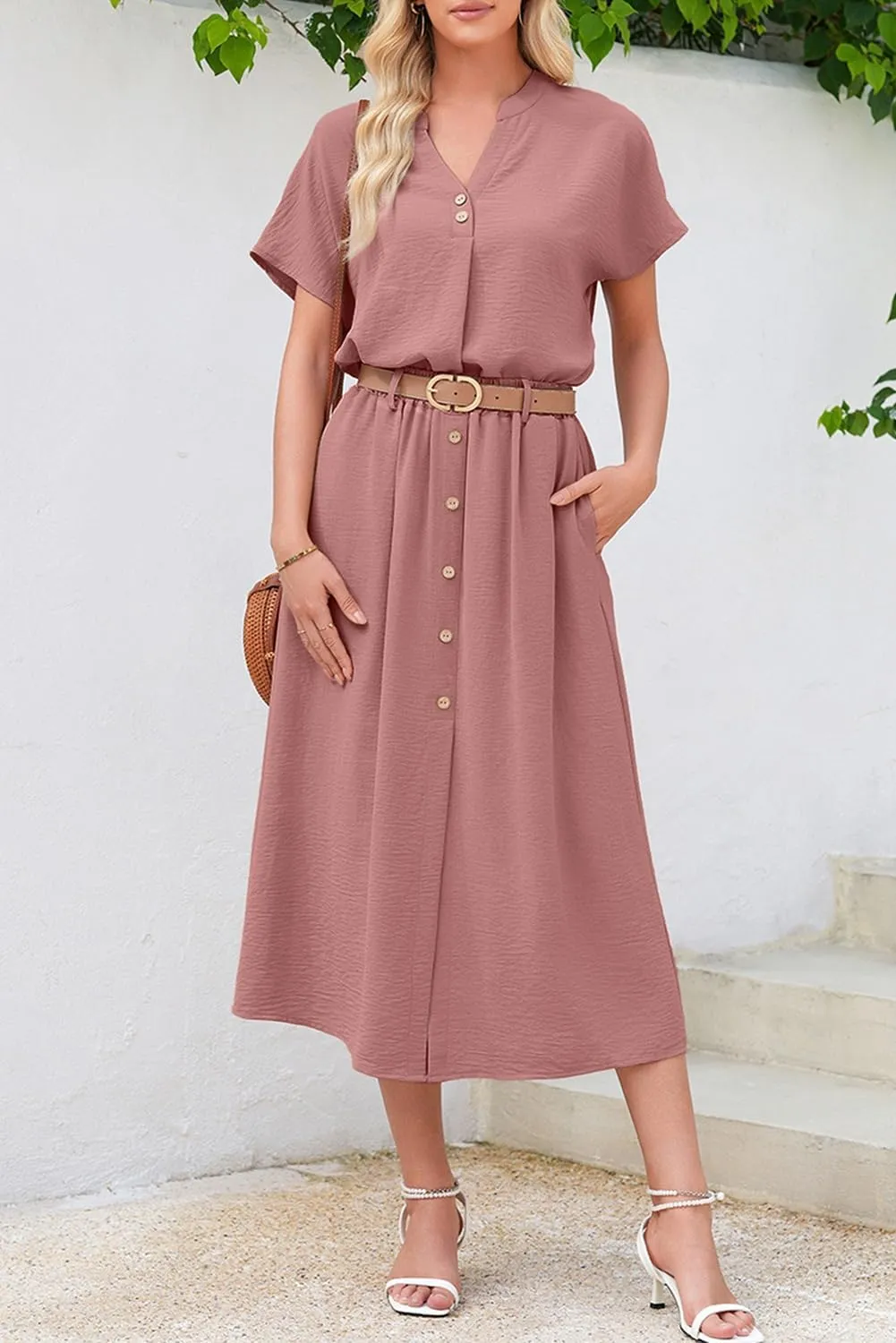 Dokotoo Women's 2 Piece Outfits V Neck Front Split Button Matching Sets for Women Elastic Waist Skirt Sets Women 2025