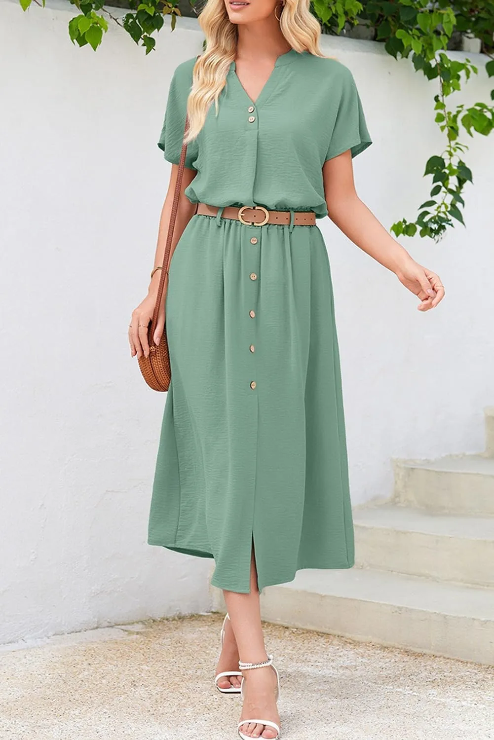 Dokotoo Women's 2 Piece Outfits V Neck Front Split Button Matching Sets for Women Elastic Waist Skirt Sets Women 2025
