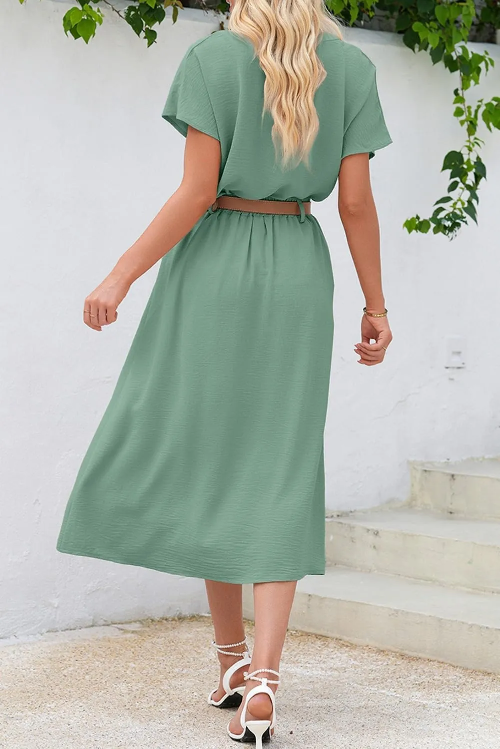 Dokotoo Women's 2 Piece Outfits V Neck Front Split Button Matching Sets for Women Elastic Waist Skirt Sets Women 2025