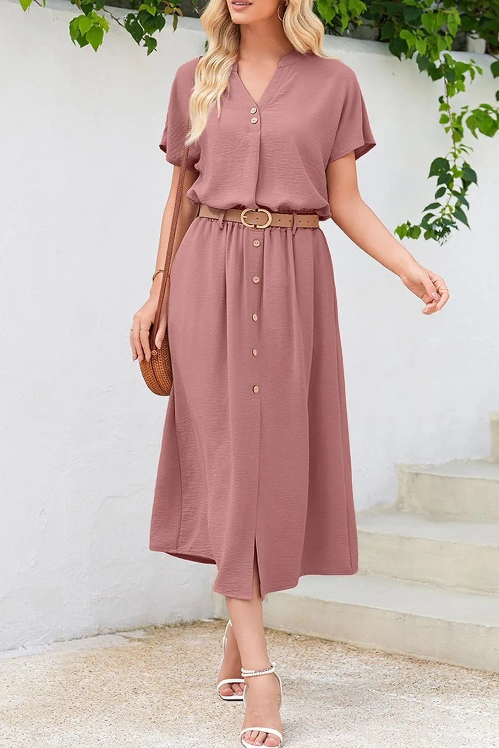 Dokotoo Women's 2 Piece Outfits V Neck Front Split Button Matching Sets for Women Elastic Waist Skirt Sets Women 2025