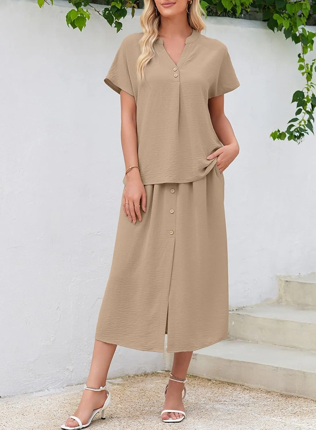 Dokotoo Women's 2 Piece Outfits V Neck Front Split Button Matching Sets for Women Elastic Waist Skirt Sets Women 2025