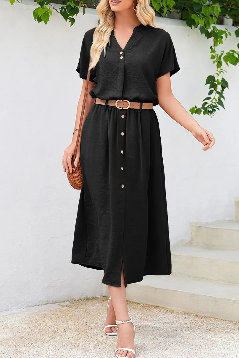 Dokotoo Women's 2 Piece Outfits V Neck Front Split Button Matching Sets for Women Elastic Waist Skirt Sets Women 2025