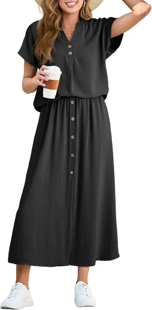Dokotoo Women's 2 Piece Outfits V Neck Front Split Button Matching Sets for Women Elastic Waist Skirt Sets Women 2025